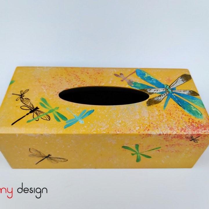 Yellow tissue box hand-painted with dragonfly 12*25cm